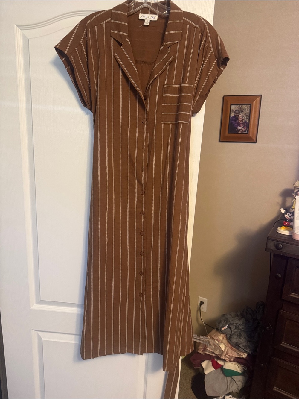 She + Sky Brown Striped Button-Front Maxi Dress